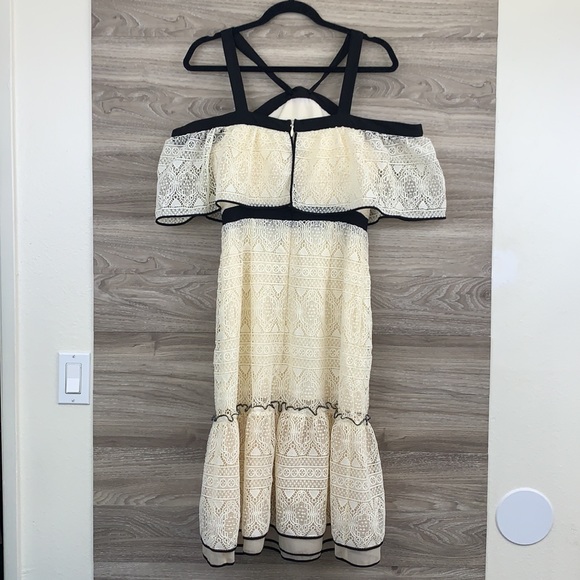 Adelyn Rae cream ivory black crochet lace halter off the shoulder tulip dress - Picture 6 of 10
